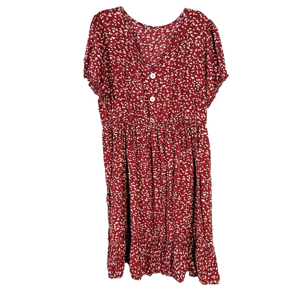 Shein Red Speckled Dress Midi Length Women Size 4XL V-Neck Ruffle Hem Stretch